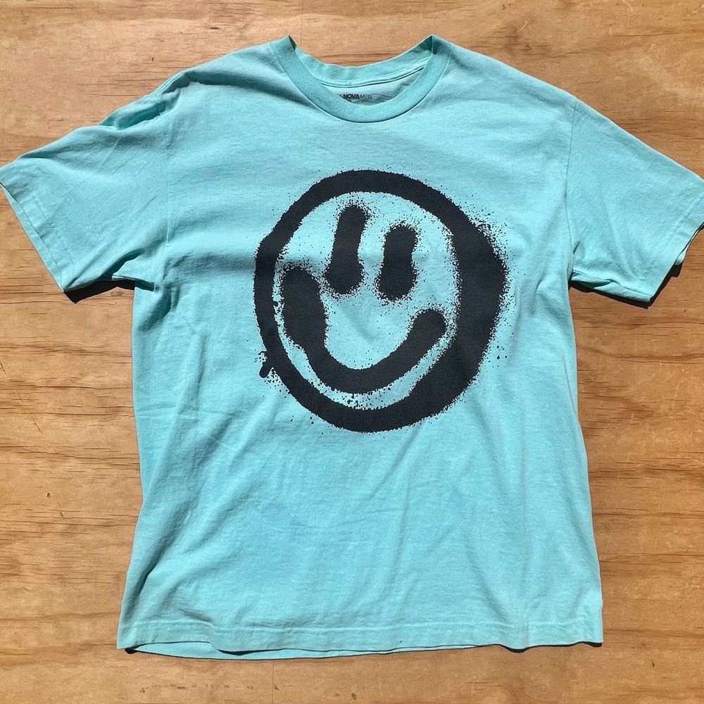 Fashion Nova Men Turquoise Blue Graffiti Smiley Face Graphic T-Shirt Large L